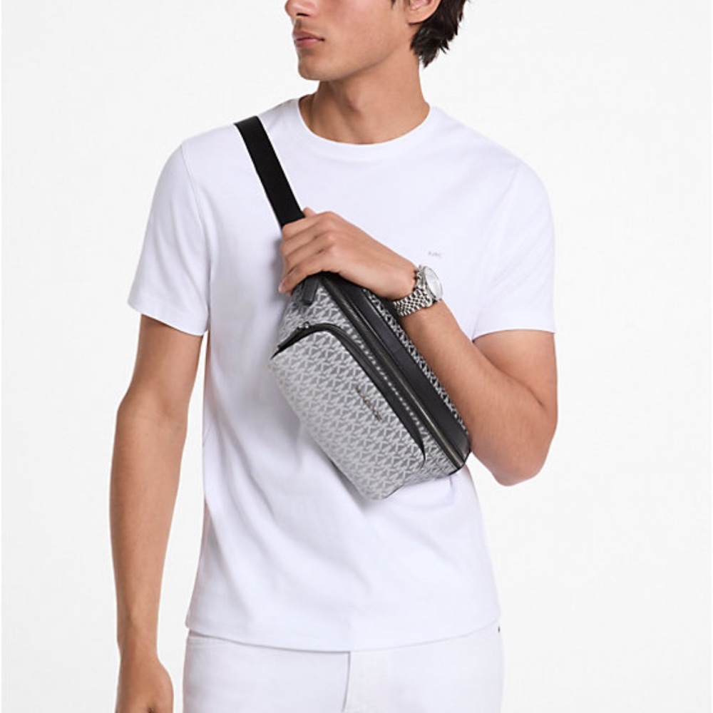 Michael Kors Cooper Men Small Ombré MK Logo Sling Pack Utility Belt Bag Black